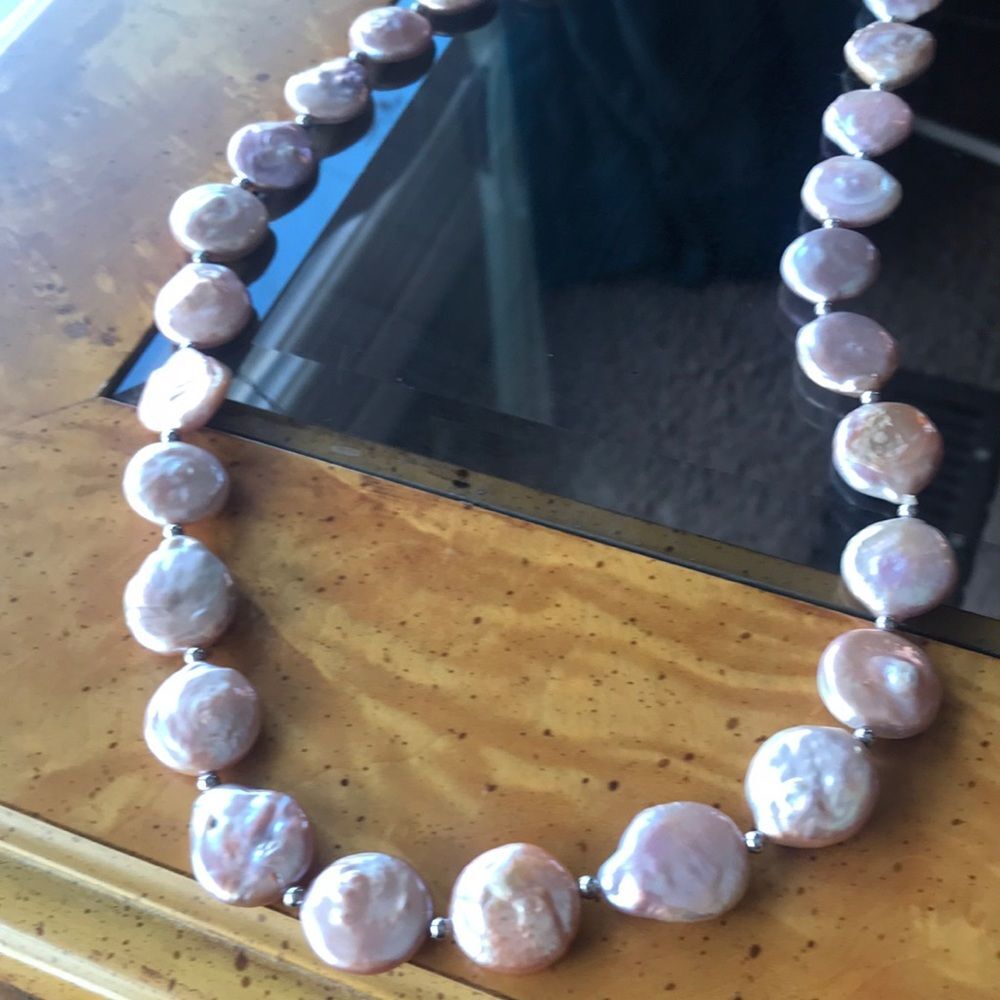 Natural Keshi Coin Pearl Sterling Silver Necklace